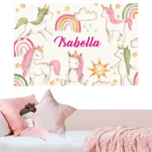 Mural Unicornios Watercolor (Nombre personalizado)