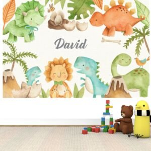 Mural Dino Watercolor (Nombre personalizado)