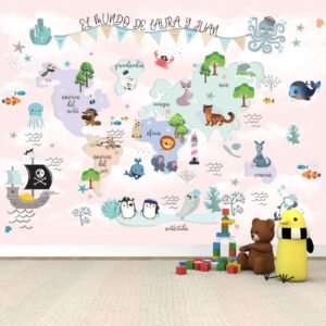 Mural Mapamundi Animales Niña(Valor por M2)
