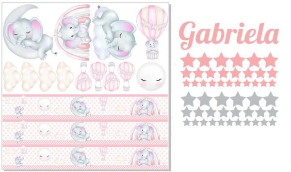 Stickers+Cenefa Elefantes Niña (Nombre Personalizado)